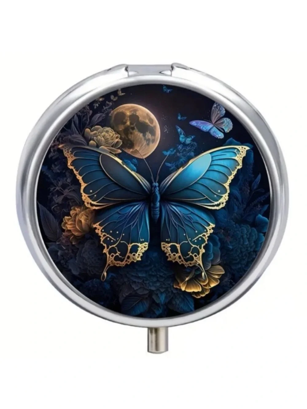 Blue Butterfly Moon Pill Box Celestial 3 Compartment Organizer